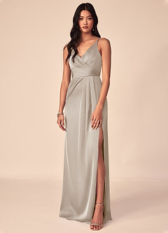 Azazie Aqua Bridesmaid Dresses Frost A-Line V-Neck Pleated Stretch Satin Dress image2