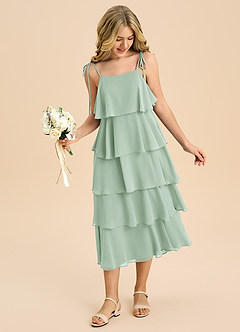 Azazie Shortcake Junior Vestido de Agave de Gasa de Corte en A con Lazo image3