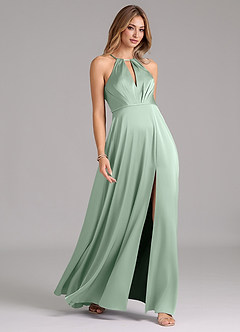 Azazie Evalleen Bridesmaid Dresses Agave A-Line Pleated Stretch Satin Dress image5