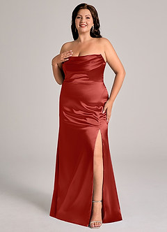 Azazie Saige Bridesmaid Dresses Rust Sheath Off the Shoulder Metallic Satin Convertible Dress image12