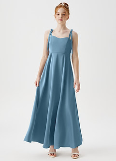 Azazie Rosey Junior Robe Trapèze en Satin extensible Encolure en Forme de Cœur Acier Bleuté image4
