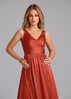 Azazie Keyla Bridesmaid Dresses Rust A-Line Pleated Stretch Satin Dress image3