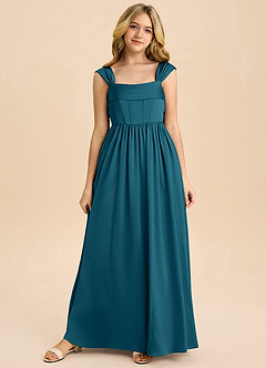 Azazie Hattie Junior Ink Blue A-Line Pleated Stretch Satin Dress image8