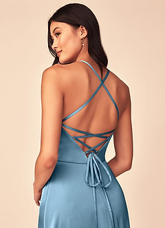 Azazie Mei Vestidos de damas de honor Vestido de Azul Acero de Satén Elástico de Corte en A con Cuello en V image3