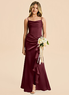 Azazie Rosalia Junior Cabernet Sheath Pleated Stretch Satin Dress image1