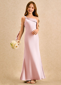 Azazie Almond Girls Formal Flower Girl Dresses Blushing Pink Sheath One Shoulder Stretch Satin Dress image2