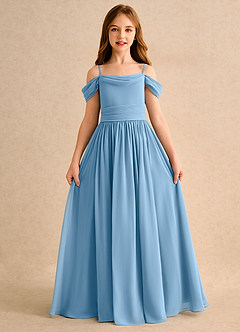 Azazie Shia Girls Formal vestidos de niña de las flores Vestido Azul Acero de Gasa de Corte en A con Hombros descubiertos image5