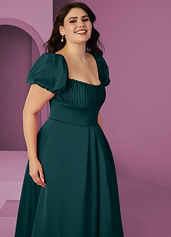 Barbie ♥ Azazie Bridesmaid Dresses Pine A-Line Ruched Stretch Satin Dress image10