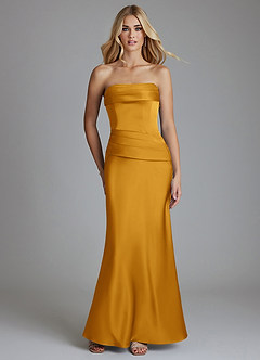 Azazie Lenya Bridesmaid Dresses Butterscotch Sheath Pleated Stretch Satin Dress image1