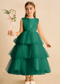 Azazie Marshmallow Flower Girl Dresses Emerald Ball-Gown Bow Tulle Dress image6
