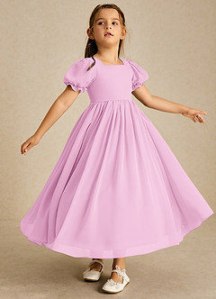 Azazie Joss Robe Demoiselle D'honneur Fillette Robe Trapèze en Mousseline de soie avec manches Rose Bonbon image3