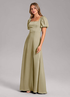 Azazie Fyona Vestidos de damas de honor Vestido de Musgo Verde de Satén Elástico de Corte en A con Plisado image4