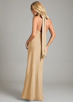 Azazie Velli Bridesmaid Dresses Gold Mermaid High Neck Stretch Satin Dress image5