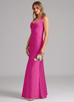 Azazie Kamila Bridesmaid Dresses Fuchsia A-Line Pleated Stretch Satin Dress image6
