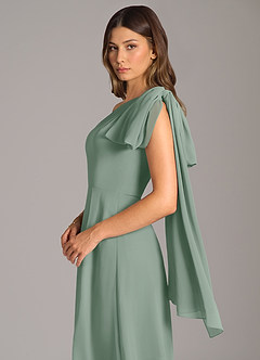 Azazie Tella Vestidos de damas de honor Vestido de Salvia Plateada de Gasa de Corte en A con Hombro unilateral image8
