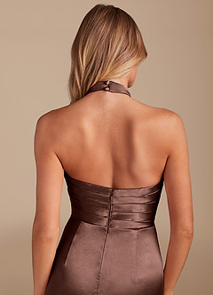 Azazie Jemma Bridesmaid Dresses Espresso Sheath Pleated Metallic Satin Dress image2