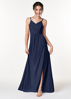 Azazie Luxy Junior Dark Navy Pleated Mesh Dress image1