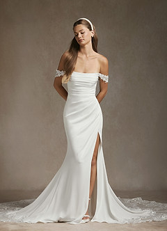 Azazie Rosalia Wedding Dresses Diamond White Mermaid Off-The-Shouler Sequins Crepe Back Satin Dress image1