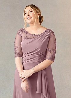 Azazie Dionysus At-home Try On Dresses Dusty Rose A-Line Boatneck Lace Chiffon Dress image10