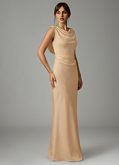 Azazie Kieryn Robes de demoiselle d'honneur Robe Sirène en Satin extensible Plissée Champagne image4
