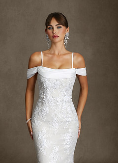 Azazie Harrah At-home Try On Dresses Diamond White Mermaid Off the Shoulder Lace Dress image3
