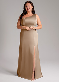 Azazie Phaedra Bridesmaid Dresses Taupe A-Line One Shoulder Stretch Satin Dress image6