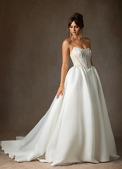 Azazie Mirabeth Wedding Dresses Diamond White Nude Ball-Gown Strapless Lace Dress image4