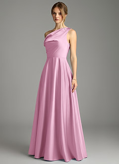 Azazie Xanthe Bridesmaid Dresses Candy Pink A-Line Off the Shoulder Stretch Satin Dress image4