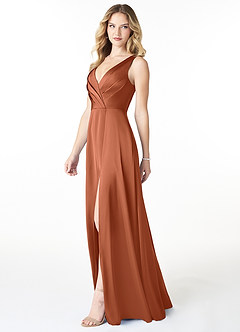 Azazie Nelly Bridesmaid Dresses Cedar Rose A-Line V-Neck Pleated Stretch Satin Dress image3