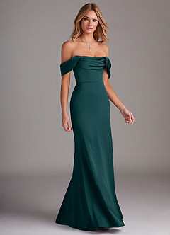 Azazie Saige Bridesmaid Dresses Pine Sheath Off the Shoulder Stretch Satin Dress image6