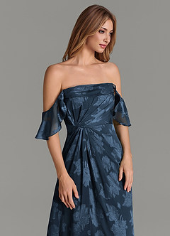 Azazie Savannah At-home Try On Dresses Dark Navy A-Line Pleated Floral Jacquard Burnout Dress image2
