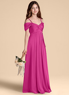 Azazie Kaitlynn Junior Abito A-Line in Raso Elasticizzato a Spalla Scoperta Fucsia image5