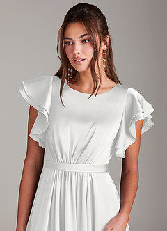 Azazie Daphne Modest Bridesmaid Dresses A-Line Ruched Stretch Satin Floor-Length Dress image5