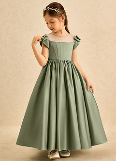 Azazie Toffee vestidos de niña de las flores Vestido de Pistacho de Satin Mate de Corte Princesa con Lazo image4