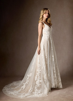 Azazie Delaina Wedding Dresses Diamond White Champagne A-Line V-Neck Sequins Tulle Dress image7