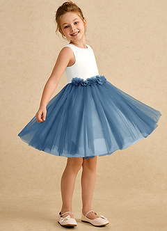 Azazie Louisa Flower Girl Dresses Ivory Steel Blue A-Line Sleeveless Tulle Dress image3