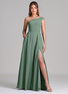 Azazie Melanie Bridesmaid Dresses Eucalyptus A-Line Off the Shoulder Chiffon Dress image1