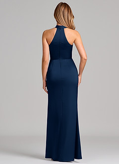 Azazie Karlotta Bridesmaid Dresses Dark Navy Sheath Pleated Stretch Satin Dress image2