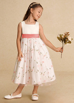 Azazie Pollie Flower Girl Dresses Blushing Pink Coral A-Line Bow Tulle Dress image4