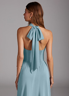 Azazie Myra Robes de demoiselle d'honneur Robe Trapèze en Satin extensible Fente Latérale Bleu Maussade image2