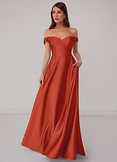 Barbie ♥ Azazie Bridesmaid Dresses Rust A-Line Off the Shoulder Stretch Satin Convertible Dress image2