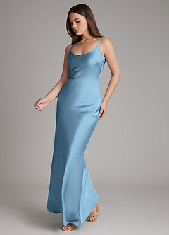 Azazie Ambra Bridesmaid Dresses Steel Blue Mermaid Pleated Stretch Satin Dress image3