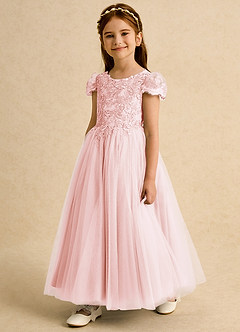 Azazie Puff Flower Girl Dresses Blushing Pink Ball-Gown Lace Tulle Dress image2