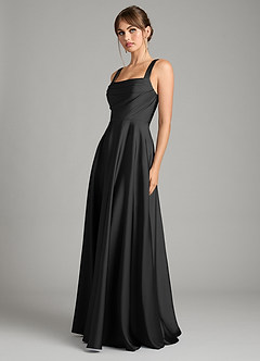 Azazie Shaude Bridesmaid Dresses Black A-Line Pleated Stretch Satin Dress image5