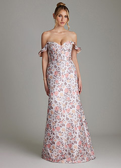 Azazie Adalynn At-home Try On Dresses Gilded Rose A-Line Ruched Brocade Dress image4