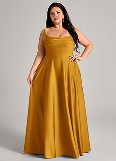 Azazie Shaude Bridesmaid Dresses Butterscotch A-Line Pleated Stretch Satin Dress image12