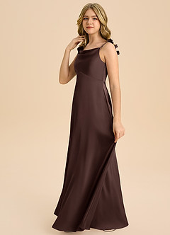 Azazie Gumdrop Junior 엠파이어 주름진 스트레치 새틴 플로어 길이 주니어 신부 들러리 드레스 image5