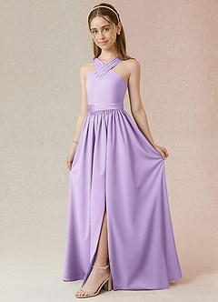 Azazie Jiya Junior Lilac A-Line Pleated Stretch Satin Dress image1
