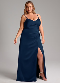 Azazie Azuree Vestidos de damas de honor Vestido de Azul Marino Oscuro de Satén Elástico de Corte en A con Plisado image12