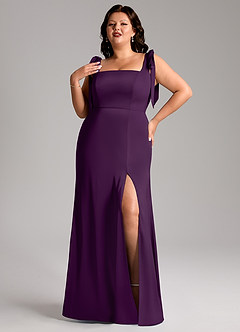 Azazie Frostine Bridesmaid Dresses Grape A-Line Bow Stretch Satin Dress image9